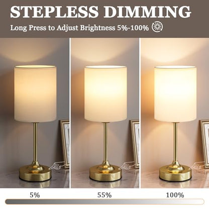 Rechargeable Table Lamp, Battery Operated, Touch Control, Brass, 1 Pack | 4000mAh Battery, USB-C Charging, 3000K Warm Light, Stepless Dimming, Brightness Memory, Up to 40 Hours, Small Table Lamp - color: White - Gold, size: 1 Pack 14.5in - Drum Shade