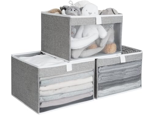 StorageWorks Closet Storage Bins, Large Storage Baskets with Clear Window and Handles, Foldable Fabric Organizer for Clothes, Shelves, Gray, 3 Pack - color: Gray, size: 12 ¾" L x 12 ¾" W x 9" H