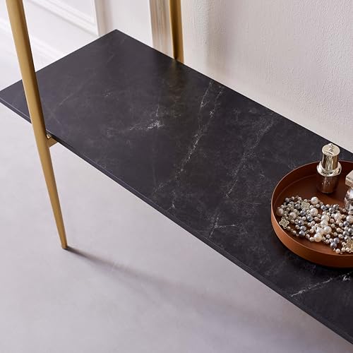 LumFurn Glass Console Table for Living Room, Foyer & Entrance, 2-Tiers Mid-Century Modern Sofa Table with Grey Glass Top, Black Marble Finish Wood Shelf and Gold Finish Frame - color: Grey & Black Marble