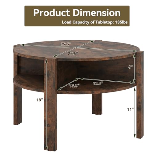 GIANTEX Round Coffee Table, Mid Century Modern Center Table (Rustic Brown) | 2-Tier Storage Shelves & 4 Side Compartments, Wood Coffee Table for Living Room, Small Spaces - color: Rustic Brown