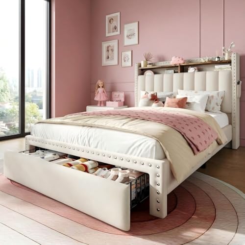 EnHomee Twin Bed Frame with Large Drawer & 2-Tier Storage Headboard Shelf | 2 side pockets, Under-Bed space, Fabric upholstered, 1000lbs for bedroom apartment, Noise-Free, Easy Assembly, Beige - color: Beige, size: Twin
