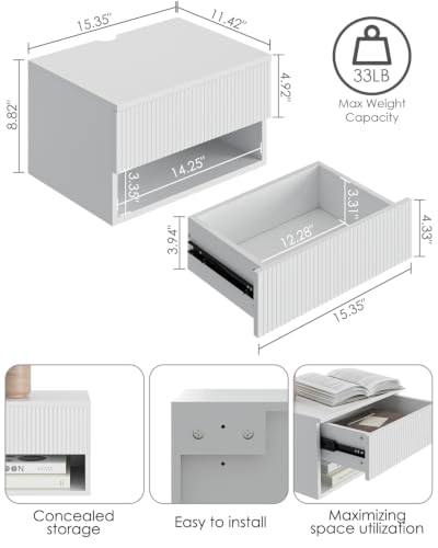 Modern Floating Nightstand with Drawer, Wall Mount Shelves, White Stripe | Small Space Saver, Modern Minimalist Design, Wall Mounted Shelves, for Bedroom, Bathroom, Living room, Easy Assembly, Stripe - color: White Stripe