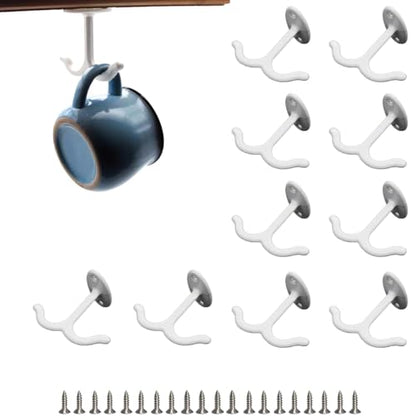 10 Pcs Zinc Alloy Ceiling Double Hook Cabinet Wardrobe Coat Towel Hat Hook Hooks Under Cabinet Shelf (White) - color: White