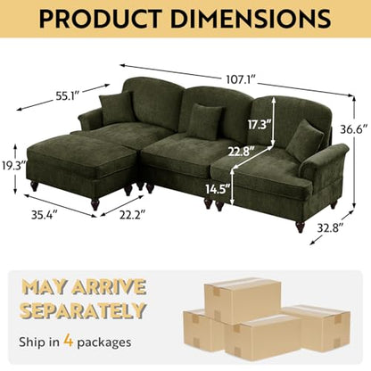 Modular Sectional Sofa Couch, Comfy Chenille Sofa with Removable Ruffled Skirt, Flared Armrests, Sturdy Legs, Convertible Sectional for Living Room, Bedroom, Apartment (Green) - color: Green, size: 107.1 Inch L