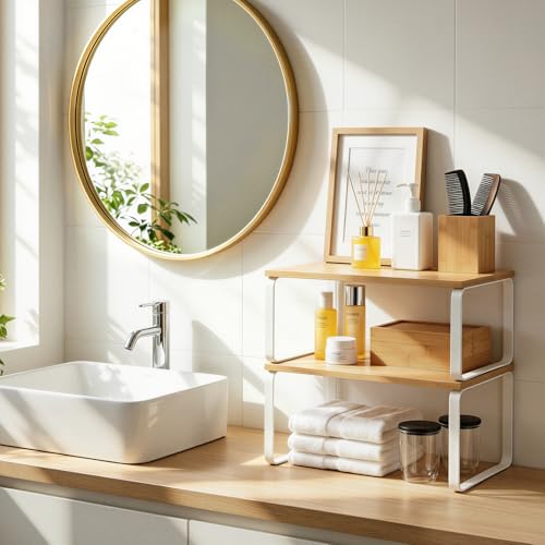 HOOBRO Cabinet Organizer Shelf, Set of 2 Kitchen Counter Shelves, Expandable Kitchen Storage, Stackable Bamboo Spice Rack, for Kitchen, Countertop, Office Desk, Bathroom, Natural and White YW30TL01 - color: Natural, White