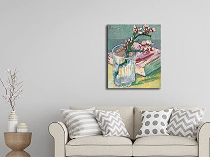 Wieco Art Canvas Wall Art Blossoming Almond Branch in a Glass with a Book by Vincent Van Gogh Large Canvas Prints for Living Room Decoration Post-impressionism Pictures Artwork - size: 24"L x 20"W