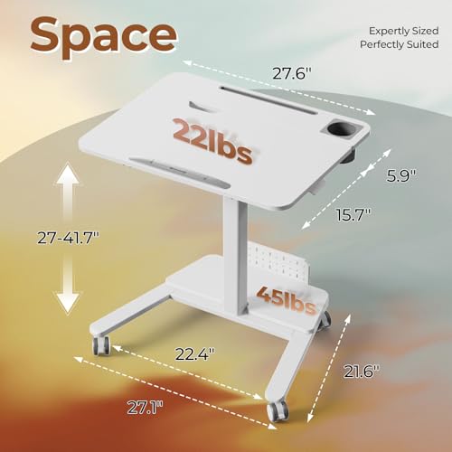 Mobile Standing Desk with Storage Shelf & 60° Tiltable Top | 28" Height Adjustable Rolling Laptop Desk on Wheels, Portable Computer Workstation for Working, Drawing, Crafting, White
