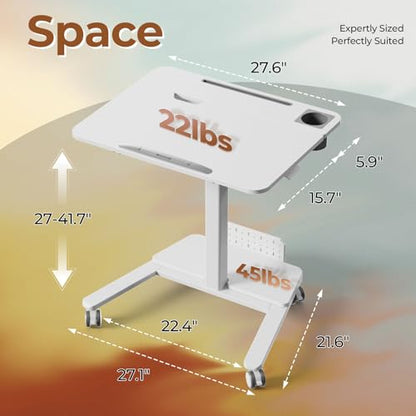 Mobile Standing Desk with Storage Shelf & 60° Tiltable Top | 28" Height Adjustable Rolling Laptop Desk on Wheels, Portable Computer Workstation for Working, Drawing, Crafting, White