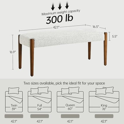 Usaint 42" End of Bed Bench with Wood Legs, Heathered White with Walnut Leg | Modern Upholstered Bedroom Bench with Rubberwood Legs, Entryway Bench with Cushion, Dining Bench for Living Room, Bedroom - color: Heathered Off-white With Walnut Leg