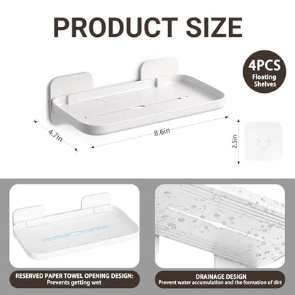 FAYYGYH 2 Pack Adhesive Floating Shelves, No Drill Small Floating Shelf | Wall Storage Damage-Free Wall Mounted Organizer for Bathroom, Kitchen, Bedroom & Office (White-4pcs) - color: White-4pcs