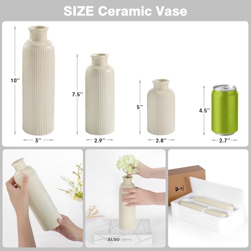 Small Beige Ceramic Vase Set of 3, Boho Modern Beige Flower Vase Room Decor, Farmhouse Decor, Vases for Your Kitchen, Bathroom, Bedroom, Living Room, Office&Shelf Centerpiece Table Decorations - color: Beige