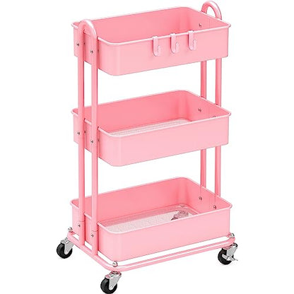 Simple Houseware 3-Tier Heavy Duty Metal Utility Rolling Cart, Pink - color: Pink
