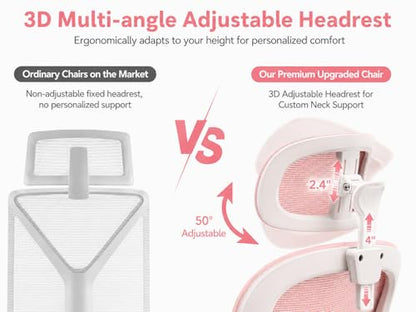 Ergonomic Office Chair with Adjustable Headrest & Lumbar Support, High Back Mesh Desk Chair, 330 LBS Capacity Swivel Computer Chair with Flip-Up Arms, Home Office Gaming Chair(Pink) - color: Pink
