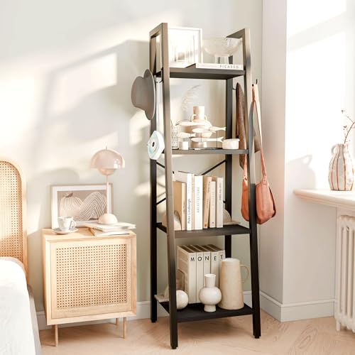YMYNY 4 Tiers Ladder Bookcase, Industrial Narrow Bookshelf, Open Display Rack with 4 S Hooks, Metal Storage Shelves for Bedroom, Home Office, Living Room, Black, 49.2H*13.4L*11.8W, UHBC024B - color: Black, size: 4 Tiers