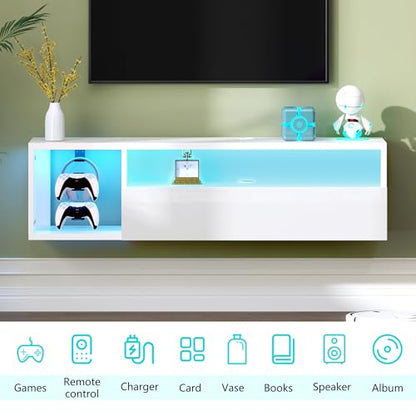 DlandHome 39.3" W Floating TV Stand with LED, Wooden Entertainment Center | Wall-Mounted Media Console, Floating Shelf for Under TV Wall Mount with Storage Shelves for Bedroom Living Room, White - size: 39.3'' White