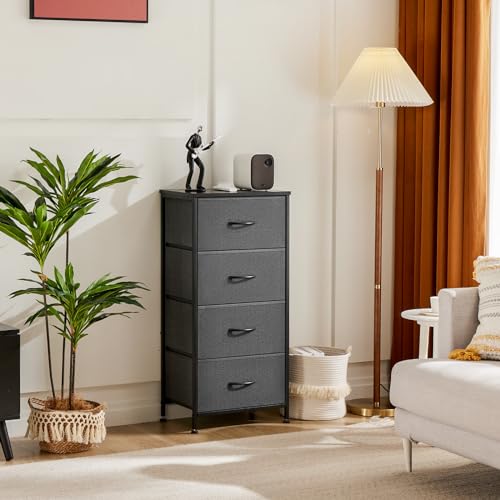 DUMOS Nightstand, Bedside Table with 4 Fabric Drawers | Night Stand with Removable Bins, Steel Frame Wood Top, Small Dresser for Bedroom Closet - color: Grey, size: 11.8"D x 17.7"W x 37.4"H (4 Drawers)