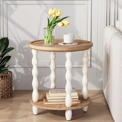 karlott Round Side Table, 2-Tier Farmhouse End Tables Living Room, Beige | Pine Leg, Weathered Handcrafted Wood Nightstand, Boho Round Nightstand, Easy Assembly for Living Room, Bedroom, Small Space - size: 2 Tier End Table 18.5 Inches
