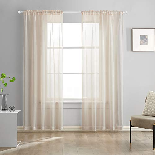 Beige Semi Sheer Curtains 84 Inches Long Faux Linen Beige Sheers Curtain for Bedroom Living Room Girls Kids Room 2 Panels 52x84 - color: Beige, size: 52"W x 84"L (Pack of 2)