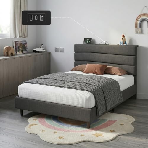 EnHomee Twin Bed Frames with Upholstered Headboard & Charging Station | Adjustable height, Wave design, 2 USB & 1 Type-C ports, Under-bed storage, Noise-free, No box spring needed, Grey - color: Grey, size: Twin