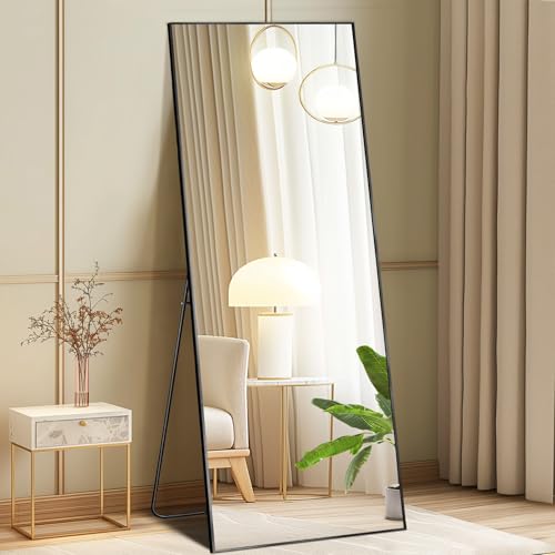 DUMOS 15"x56" Full Length Floor Mirror, Full Body Mirror | Free Standing or Wall Mount, Nano Glass Aluminum Frame, Hanging or Leaning, Modern Simple Home Decor, Black - color: Black-rect Edge, size: 56"L x 15"W