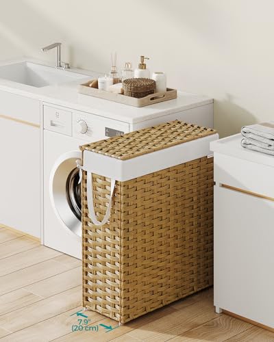 SONGMICS Slim Laundry Hamper with Lid, 14.5 Gallon (55L) Rattan Clothes Laundry Basket with Lid and Handles, Foldable, Removable Liner, Goose Yellow ULCB164N01 - color: Goose Yellow, size: 55 L