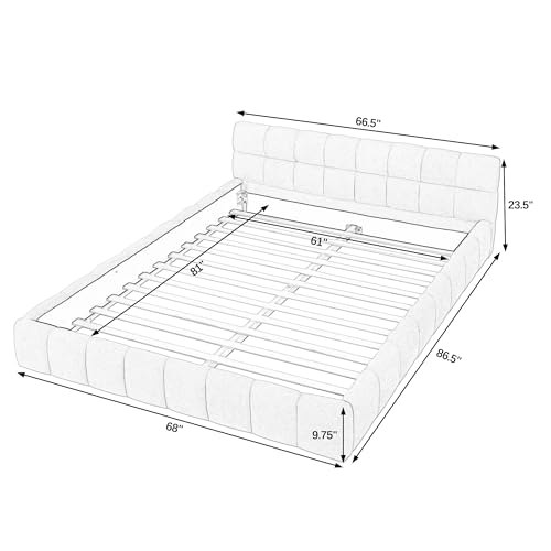 Queen Size Upholstered Cloud Bed Frame, Low Profile Platform Bed with Soft Chenille Headboard, Modern Floor Bed with Wooden Slats