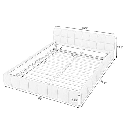 Queen Size Upholstered Cloud Bed Frame, Low Profile Platform Bed with Soft Chenille Headboard, Modern Floor Bed with Wooden Slats