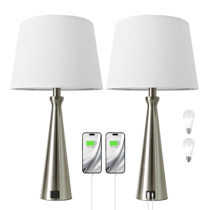 Modern Touch Lamps for Nightstand, 3 Way Dimmable Bedroom Lamp Set of 2 | USB C+A Charging Ports, Silver Bedside Lamps for Bedroom, Living Room, End Table, Bed Side, LED Bulb Included - color: C. Silver Base-White Shade