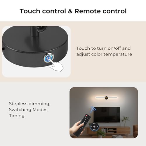 Rechargeable Wall Light 28.3" Detachable 360°Rotation with Remote Set of 2 | Battery Operated Wall Sconces 3000-6500K LED Wall Lamp for Bedroom Hallway 10000mAh Black Gold - color: Black-Round Base, size: 2 Pack