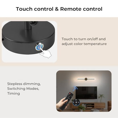 Rechargeable Wall Light 28.3" Detachable 360°Rotation with Remote Set of 2 | Battery Operated Wall Sconces 3000-6500K LED Wall Lamp for Bedroom Hallway 10000mAh Black Gold - color: Black-Round Base, size: 2 Pack