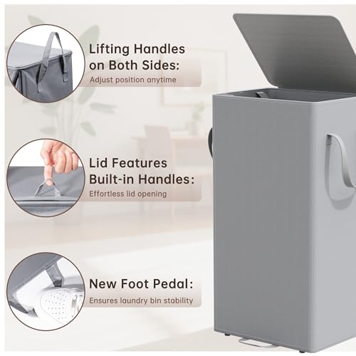 Laundry Hamper with Lid and Foot Pedal, 100L Fabric Laundry Basket with Removable Mesh Bag, Slim Foldable Design for Bathroom and Laundry Room (Gery)