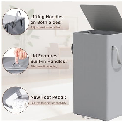 Laundry Hamper with Lid and Foot Pedal, 100L Fabric Laundry Basket with Removable Mesh Bag, Slim Foldable Design for Bathroom and Laundry Room (Gery)
