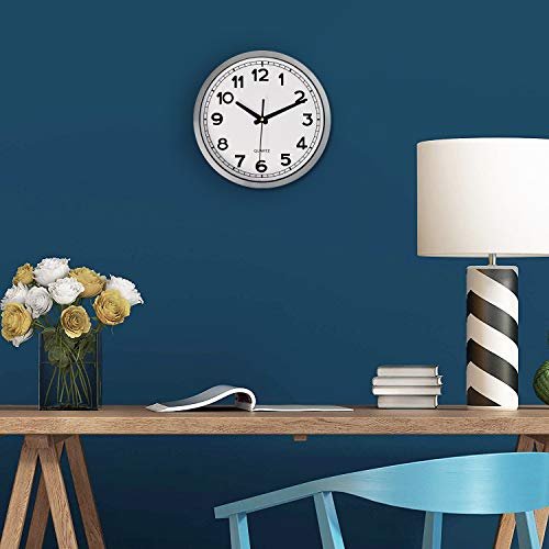 Bernhard Products Wall Clock Silent Non-Ticking Large 12" Silver Metal Frame Quartz Battery Operated Easy to Read Office Classroom Kitchen Living Room Bathroom Sweeping Clocks, Black Modern Numbers - style: Metal
