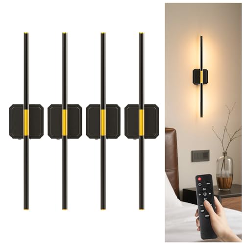 GvvooHome Battery Operated Wall Sconce Detachable 360°Rotate, Wireless Wall Lamp 3000-6500K Dimmable, 10000mAh Rechargeable Wall Light for Bedroom, Living Room，28" Black Gold（4 Pack | Rechargeable Wall Light 3000-6500K with Remote Control 10000mAh for Bed