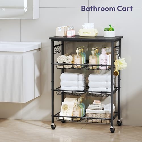 SWTYMIKI 24.4''x15.7'' Rolling Microwave Cart - 4 Tier Microwave Table Stand with 6 Storage Baskets, Coffee Bar with Wheels, Kitchen Utility Cart Shelf Rack Organizer for Vegetables, Potato, Black - color: Black