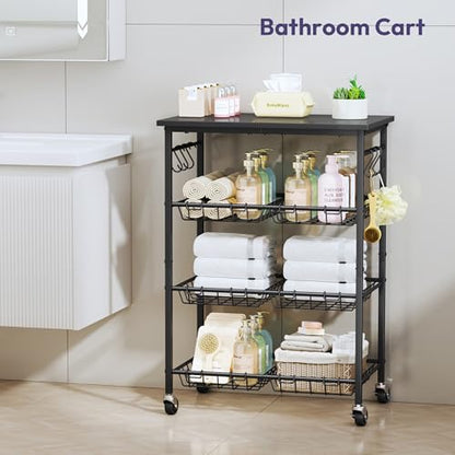 SWTYMIKI 24.4''x15.7'' Rolling Microwave Cart - 4 Tier Microwave Table Stand with 6 Storage Baskets, Coffee Bar with Wheels, Kitchen Utility Cart Shelf Rack Organizer for Vegetables, Potato, Black - color: Black