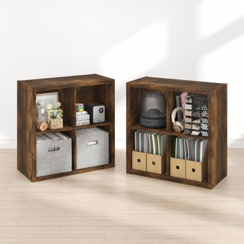 Furinno Cubicle Book Shelf Set of 2, 4-Cube Bookshelf, Amber Pine | 14.6 x 30 x 30, 1.2" Thick Frame Bookcase with Reversible Open Back, for Living Room, Bedroom, Home Office - color: Amber Pine, size: Set of 2, 4-Cube
