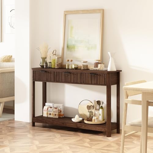 RUSTOWN Fluted Wood Console Table with 3 Drawers, 47.2" Boho Entryway Table | Narrow Behind Couch Sofa Table, Open Storage Shelf, Curved legs, 2 Tier Modern Farmhouse Hallway Table for Living Room, Foyer - color: Dark Walnut