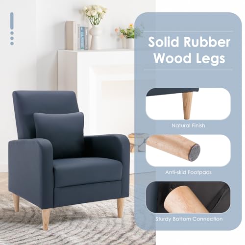 COLAMY Mid-Century Modern Accent Chair, Faux Leather Upholstered Living Room Chair with Back Pillow & Solid Wood Legs, Comfy Armchair for Living Room, Bedroom, Single Sofa, Dark Blue - color: Dark Blue, size: Set of 1