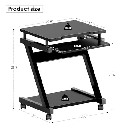 sogesfurniture Mobile Computer Desk with Pull-Out Keyboard Tray & Wheels | Modern Compact Rolling Workstation for Home Office, Small Portable Space Saving Laptop Table, 23.6"L x 18.9"W x 28.7"H, Black - color: Black