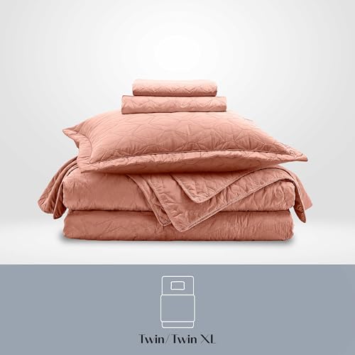 Clara Clark Quilts Twin Size - All Season Bedspread Coverlet Set, Pinsonic Weave Lightweight Bedding Set - 5 Piece Twin Quilt Set with Pillow Shams, Bali Blush - Twin Ellipse - color: 31 – Bali Blush – Ellipse, size: Twin