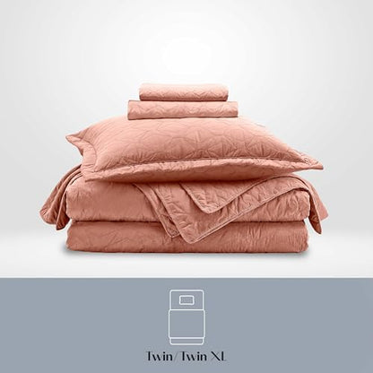 Clara Clark Quilts Twin Size - All Season Bedspread Coverlet Set, Pinsonic Weave Lightweight Bedding Set - 5 Piece Twin Quilt Set with Pillow Shams, Bali Blush - Twin Ellipse - color: 31 – Bali Blush – Ellipse, size: Twin