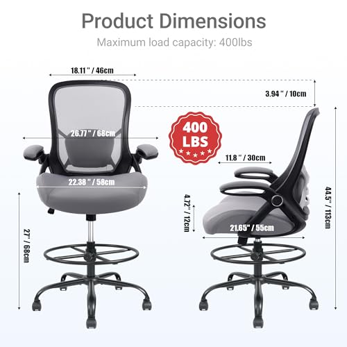 400lbs Heavy Duty Drafting Chair 5" Thickened Seat Office Chair with Flip-Up Armrests Tall Ergonomic Computer Chair with Lumbar Support and Adjustable Footrest Ring Standing Desk Chair(Grey) - color: Dark Drey