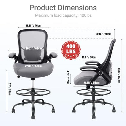 400lbs Heavy Duty Drafting Chair 5" Thickened Seat Office Chair with Flip-Up Armrests Tall Ergonomic Computer Chair with Lumbar Support and Adjustable Footrest Ring Standing Desk Chair(Grey) - color: Dark Drey