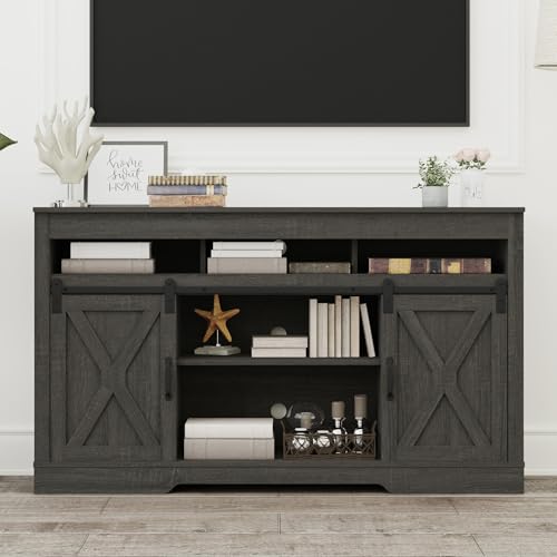 RoyalCraft Farmhouse TV Stand for 65+ Inch TV, 34'' Tall Entertainment Center with Sliding Barn Doors, Rustic Wood Media Console Storage Cabinet Television Stand for Living Room, Bedroom (Dark Grey) - color: Dark Grey, style: Without Fireplace