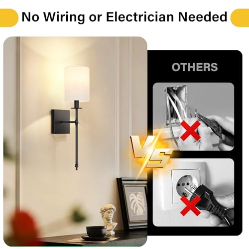 19 inch Battery Operated Wall Sconces Set of 2 with Remote, Rechargeable Wireless Wall Lights with Beige Fabric Shade, Indoor Not Hardwired Dimmable for Bedroom Living Room Decor - color: Flax and Black, size: 19.9 inch