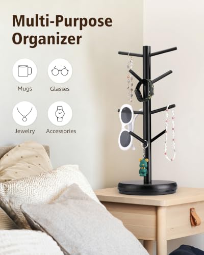 Lorbro Coffee Mug Tree, 360° Rotating Wooden Mug Holder with 8 Hooks | Large Mug Friendly, Space-Saving Display, Stable Wooden Base, Easy Assembly, Coffee Bar, Kitchen Counter, Gift Ready - size: Rotatable