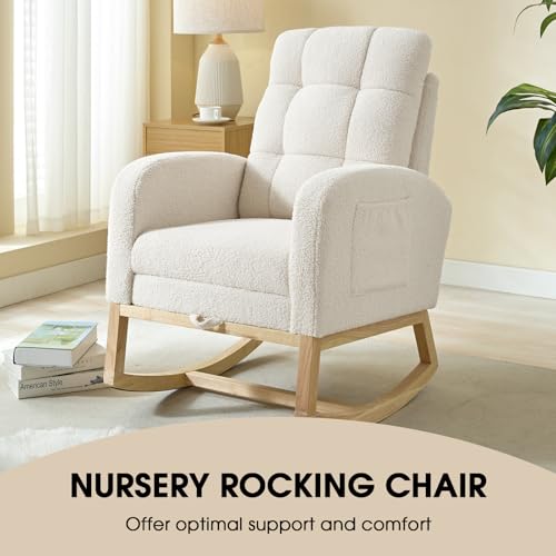 NIOIIKIT Modern Nursery Rocking Chair, Teddy Upholstered Rocking Chair with Footrest, Comfortable Rocker Chair with Side Pocket, Rocker Chair for Living Room, Bedroom, Nursing Room (White) - color: White