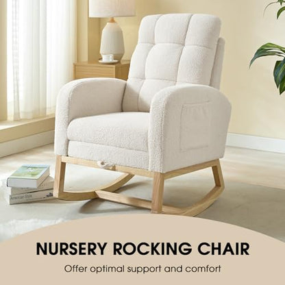 NIOIIKIT Modern Nursery Rocking Chair, Teddy Upholstered Rocking Chair with Footrest, Comfortable Rocker Chair with Side Pocket, Rocker Chair for Living Room, Bedroom, Nursing Room (White) - color: White