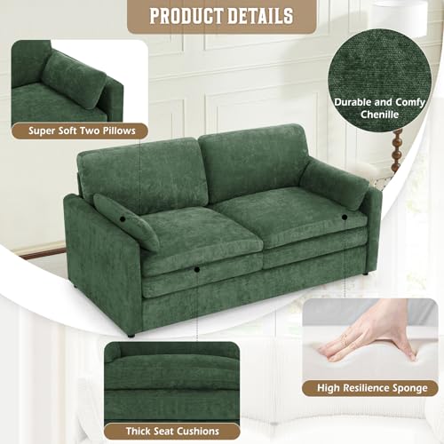 69" Chenille Soft Sofa w/Well-Filled Backrests, Green | Modern Loveseat w/Plump Pillows, 2 Seater Upholstered Couch w/Thick & Comfy Cushions for Living Room, Bedroom - color: Green, size: Loveseat